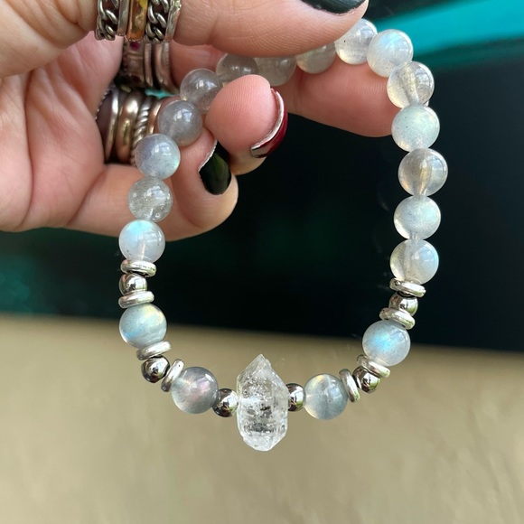 Herkimer diamond iridescent labradorite boho bead crystal quartz gems bracelet - Picture 8 of 16